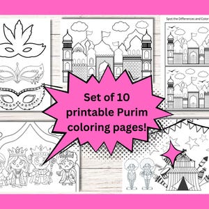 May include: A set of ten printable Purim coloring pages. The pages feature various Purim-themed illustrations, including masks, buildings, characters, and circus scenes. The text "Set of 10 printable Purim coloring pages!" is displayed in a pink starburst.