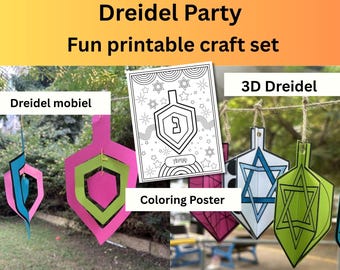May include: A colorful craft set for a Dreidel Party, featuring a Dreidel mobile, a coloring poster, and 3D Dreidels. The image displays the words "Dreidel Party" and "Fun printable craft set". The Dreidels are in various colors, including pink, green, and blue.