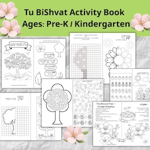 May include: A Tu BiShvat activity book for Pre-K and Kindergarten ages. The book features various black and white illustrations, including a tree maze, coloring pages, and a grid drawing activity. The cover has text and is decorated with pink flowers.