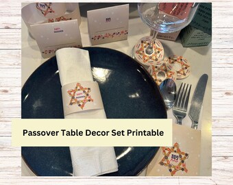 Passover Table Decor Set Printable Place Card, Napkin Wrap, Cutlery Pocket, Wine Glass Tag, Gold Star of David.