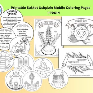 Puede incluir: Páginas para colorear móviles imprimibles de Sukkot Ushpizin. La imagen presenta varias ilustraciones en blanco y negro, incluyendo un rollo de la Torá, una Estrella de David y diseños circulares con texto. El texto incluye la palabra "Ushpizin" y otras frases hebreas.