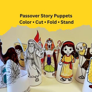 May include: A set of Passover Story Puppets, featuring various characters in a color, cut, fold, and stand format. The puppets are designed with black outlines and are ready to be colored. The image includes text that reads "Passover Story Puppets Color • Cut • Fold • Stand."