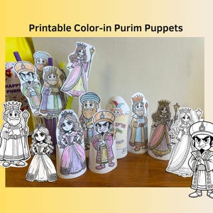 Purim Characters Coloring Puppets – Jewish Holiday Craft (Printable PDF)