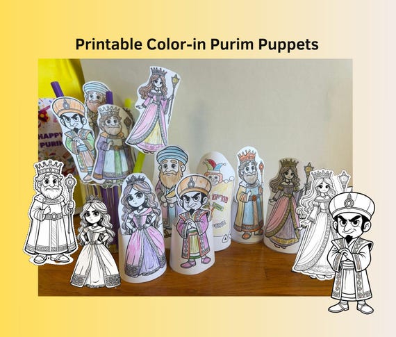 Purim Characters Coloring Puppets – Jewish Holiday Craft (Printable PDF)