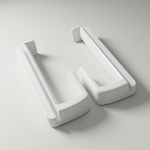May include: Two white door handles in a modern style. Each handle has a rectangular base with a curved, rectangular grip. The handles are made of a smooth, glossy material and are set against a white background.