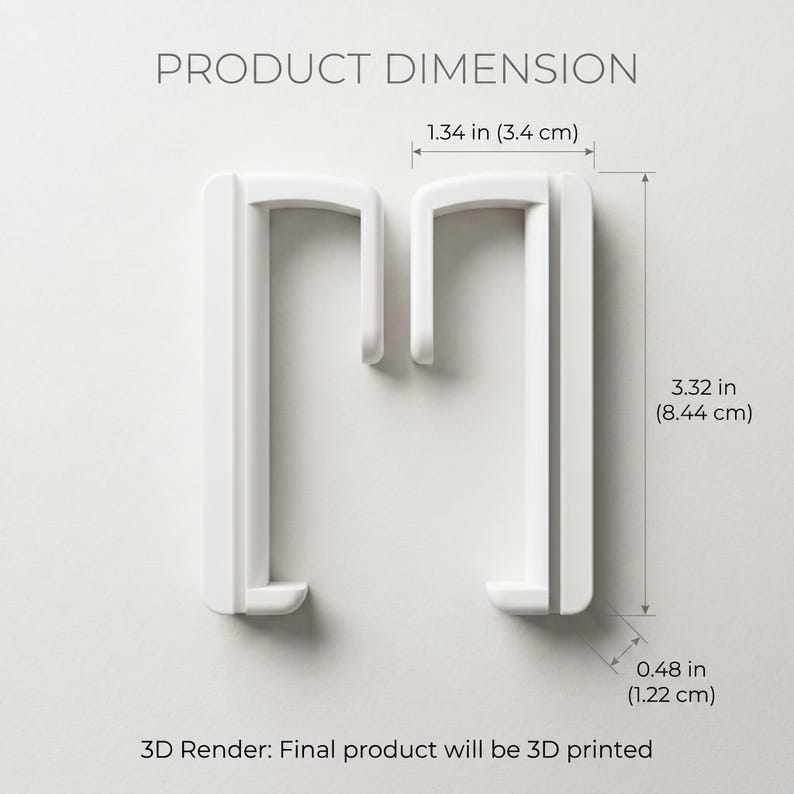May include: Two white, J-shaped objects with dimensions. The objects are 8.44 cm tall, 3.4 cm wide, and 1.22 cm thick. The text at the top reads "PRODUCT DIMENSION." The bottom text states "3D Render: Final product will be 3D printed."