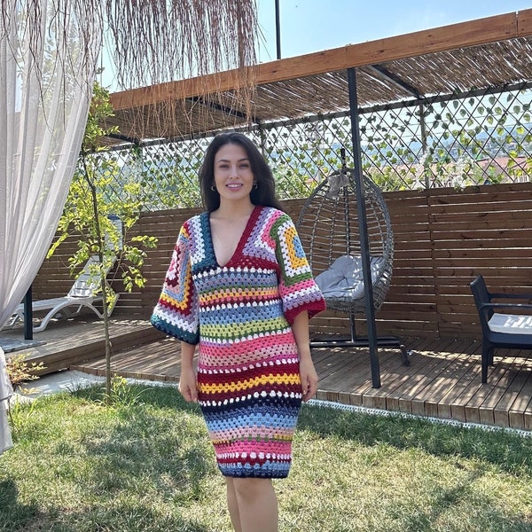 Granny Square Crochet Dress Pattern, Colorful Summer Outfit (PDF Pattern)