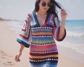 Patrón de vestido de crochet "Abuelita" con cuadrados: Diseño veraniego colorido (Patrón PDF)