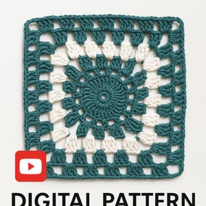 May include: A teal and white crochet square with a circular pattern in the center. The square is made with a granny stitch pattern.  DIGITAL PATTERN