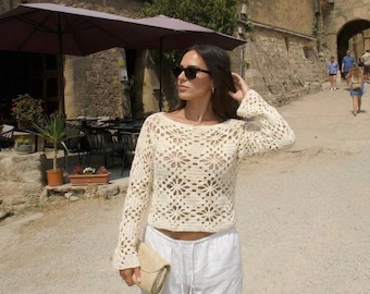 Häkel-Blusenmuster im Vintage-Stil: Langarm-Sommertop (PDF-Häkelanleitung)