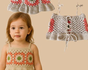 Patrón de top corto cuadrado de abuela a crochet: Top bohemio para niña pequeña (PDF)