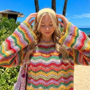 Colorful Summer Crochet Sweater Pattern – Long Sleeve Ripple Top – Lightweight Chevron Pullover – PDF Pattern