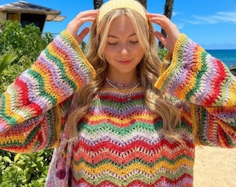 Patrón de suéter de ganchillo colorido para verano – Top de manga larga con ondas – Jersey ligero con estampado de espiga – Patrón en PDF