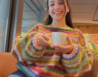 Patrón de tejido para suéter de mohair de gran tamaño / Jersey grueso fácil / PDF para principiantes