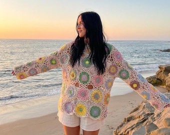 Patroon gehaakt zomertopje – retro mesh-motief, boho-omavierkant (digitale pdf-download)