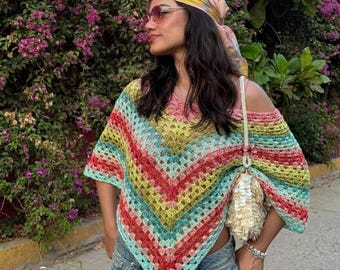 Crochet summer poncho colorful crochet poncho pattern, Summer Granny Stripe Poncho