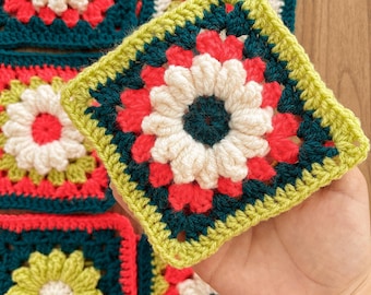 Patrón de margaritas de ganchillo para abuela: Motivo floral retro 3D (Patrón PDF)