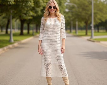 Patrón de vestido largo de encaje de crochet, mangas 3/4 (PDF)