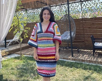Patrón de vestido de crochet "Abuelita" con cuadrados: Diseño veraniego colorido (Patrón PDF)