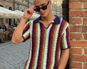 Patrón de camisa de ganchillo para hombre: Patrón de ganchillo para camisa de hombre, diseño de rayas fácil (patrón en PDF)