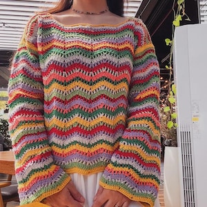 Colorful Summer Crochet Sweater Pattern – Long Sleeve Ripple Top – Lightweight Chevron Pullover – PDF Pattern