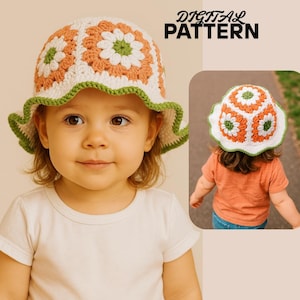 Op de afbeelding: Een gehaakte vissershoed met een bloemenpatroon in wit, oranje en groen. De hoed heeft een geschulpte rand en de woorden "DIGITAL PATTERN" staan in de rechterbovenhoek. De hoed wordt door een jong kind gedragen.