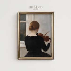 Vintage Woman Playing Violin Portrait Painting, Antique Oil Painting, Moody Art Print, Light Academia | Digital Download Printable Wall Art