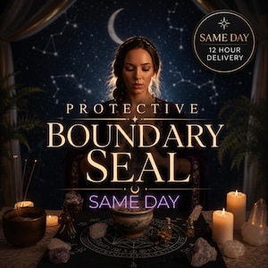 Puede incluir: Una escena oscura con una persona de manos juntas, rodeada de velas, cristales y una alfombra ritual. El texto dice: PROTECTIVE BOUNDARY SEAL, SAME DAY, 12 HOUR DELIVERY. El fondo muestra una luna creciente y constelaciones en el cielo nocturno.