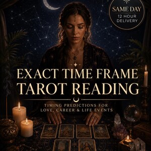 May include: A tarot reading service advertisement featuring the text EXACT TIME FRAME TAROT READING and TIMING PREDICTIONS FOR LOVE, CAREER & LIFE EVENTS. A person sits behind a dark table with six tarot cards, lit candles, and crystals.