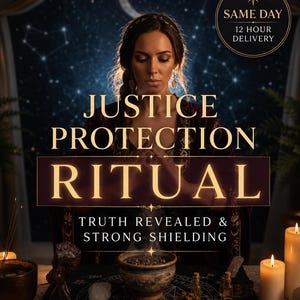 May include: A ritual setup featuring a central ceramic bowl with smoke, surrounded by white candles, crystals, and a black mat with geometric patterns. Text reads: JUSTICE PROTECTION RITUAL, TRUTH REVEALED & STRONG SHIELDING, and SAME DAY 12 HOUR DELIVERY.