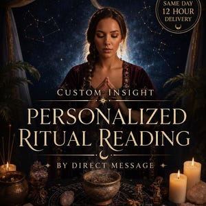 May include: A digital graphic featuring the text CUSTOM INSIGHT PERSONALIZED RITUAL READING BY DIRECT MESSAGE. The image displays a person with braided hair, a dark velvet robe, lit candles, crystals, and a smoking bowl on a circular mat.