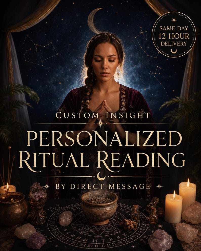 May include: A digital graphic featuring the text CUSTOM INSIGHT PERSONALIZED RITUAL READING BY DIRECT MESSAGE. The image displays a person with braided hair, a dark velvet robe, lit candles, crystals, and a smoking bowl on a circular mat.