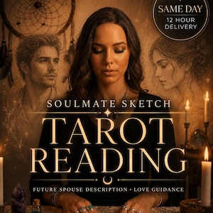 May include: A digital graphic featuring the text SOULMATE SKETCH TAROT READING FUTURE SPOUSE DESCRIPTION LOVE GUIDANCE and SAME DAY 12 HOUR DELIVERY. A person sits behind tarot cards with sketches of a man and woman in the background.