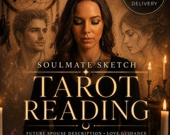 May include: A digital graphic featuring the text SOULMATE SKETCH TAROT READING FUTURE SPOUSE DESCRIPTION LOVE GUIDANCE and SAME DAY 12 HOUR DELIVERY. A person sits behind tarot cards with sketches of a man and woman in the background.