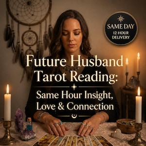 May include: A tarot reading service advertisement featuring the text Future Husband Tarot Reading: Same Hour Insight, Love & Connection. A circular badge in the corner states SAME DAY 12 HOUR DELIVERY. The scene includes lit candles and crystals.
