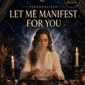May include: A person in a white top sits behind a table with a smoking bowl, candles, crystals, and a mat featuring a circular design. Text reads: PERSONALIZED LET ME MANIFEST FOR YOU and SAME DAY 12 HOUR DELIVERY. The background is dark with stars.