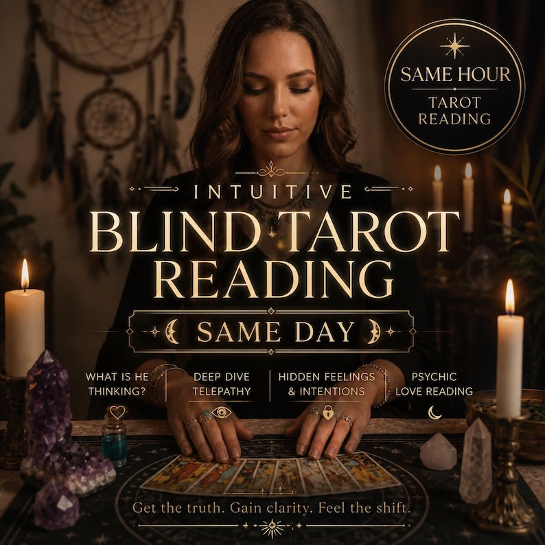 Puede incluir: Un anuncio de servicio de lectura de tarot con el texto SAME HOUR TAROT READING, INTUITIVE BLIND TAROT READING, SAME DAY, WHAT IS HE THINKING?, DEEP DIVE TELEPATHY, HIDDEN FEELINGS & INTENTIONS, PSYCHIC LOVE READING, y Get the truth. Gain clarity. Feel the shift.