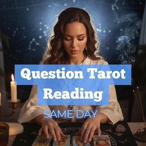 May include: A woman is seated at a table with tarot cards laid out. The text "Question Tarot Reading SAME DAY" is displayed in a blue box. The background features a starry night sky and a lit candle.