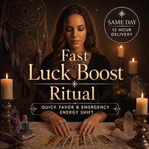 May include: A person in a black top with rings on their fingers, positioned behind a table with tarot cards, candles, and crystals. Text reads: Fast Luck Boost Ritual, Same Day 12 Hour Delivery, Quick Favor & Emergency Energy Shift.