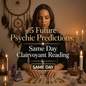 May include: A black long-sleeved top with text reading 5 Future Psychic Predictions: Same Day Clairvoyant Reading and SAME DAY. The scene includes lit candles, amethyst crystals, a wooden bowl, and a row of tarot cards laid out on a table.