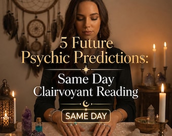 May include: A black long-sleeved top with text reading 5 Future Psychic Predictions: Same Day Clairvoyant Reading and SAME DAY. The scene includes lit candles, amethyst crystals, a wooden bowl, and a row of tarot cards laid out on a table.