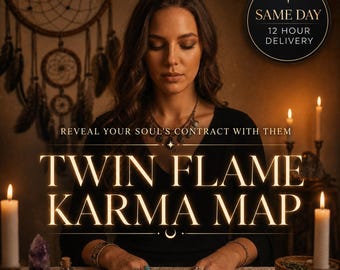 May include: A person with long brown hair wearing a black top and silver jewelry, with hands resting on a table. Text reads: SAME DAY 12 HOUR DELIVERY, REVEAL YOUR SOUL'S CONTRACT WITH THEM, TWIN FLAME KARMA MAP. Candles and crystals are visible.