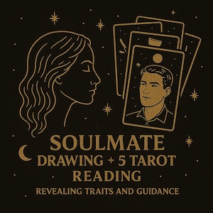 Soulmate Drawing and 5 Tarot Reading combines artistic representation with tarot insights, revealing traits and guidance for your connection