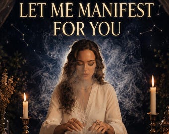 May include: A person in a white top sits behind a table with a smoking bowl, candles, crystals, and a mat featuring a circular design. Text reads: PERSONALIZED LET ME MANIFEST FOR YOU and SAME DAY 12 HOUR DELIVERY. The background is dark with stars.