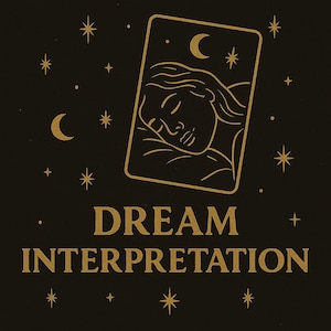 Puede incluir: Una ilustración dorada de una persona durmiendo dentro de una tarjeta con una luna creciente y estrellas sobre un fondo negro. El texto "DREAM INTERPRETATION" está debajo de la tarjeta.