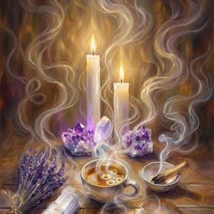 Peut inclure: Une peinture &agrave; l'huile repr&eacute;sentant deux bougies blanches allum&eacute;es entour&eacute;es de fum&eacute;e tourbillonnante, deux amas d'am&eacute;thyste violette, une tasse de th&eacute; &agrave; la camomille, un bouquet de lavande s&eacute;ch&eacute;e, un b&acirc;ton de sauge et un livre ouvert.