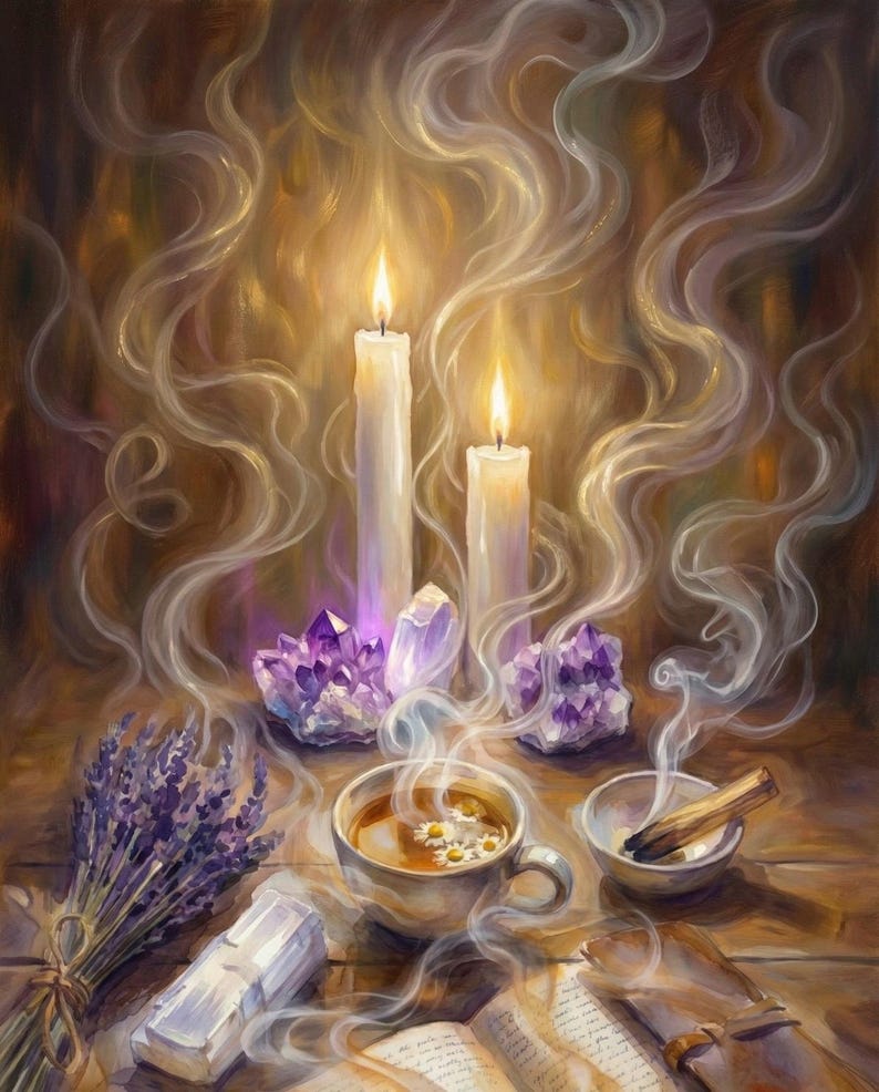 Peut inclure: Une peinture &agrave; l'huile repr&eacute;sentant deux bougies blanches allum&eacute;es entour&eacute;es de fum&eacute;e tourbillonnante, deux amas d'am&eacute;thyste violette, une tasse de th&eacute; &agrave; la camomille, un bouquet de lavande s&eacute;ch&eacute;e, un b&acirc;ton de sauge et un livre ouvert.