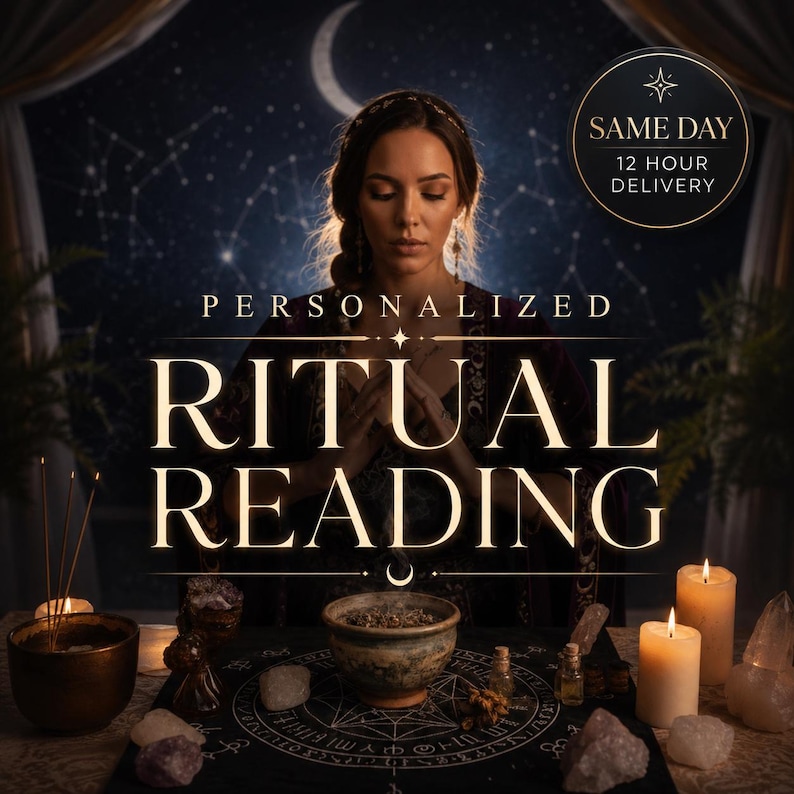 May include: A ritual reading service featuring a dark table with a black cloth printed with a circular zodiac design, a central ceramic bowl, two lit white pillar candles, incense sticks, and various crystals under a starry night sky backdrop.