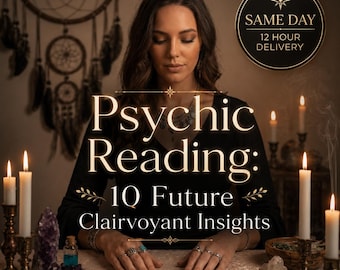 May include: A psychic reading service offering 10 future clairvoyant insights. The image features text stating "Psychic Reading: 10 Future Clairvoyant Insights" and "SAME DAY 12 HOUR DELIVERY" with candles, tarot cards, and crystals.