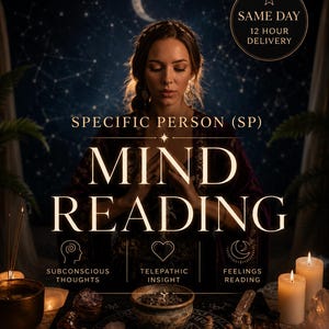 May include: A digital graphic featuring the text SPECIFIC PERSON (SP) MIND READING, with icons for subconscious thoughts, telepathic insight, and feelings reading. The image shows a person in a dark setting with candles, crystals, and a bowl.